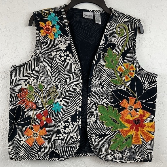 Chico's Jackets & Blazers - Chico’s Floral Embroidered Black White Vest Size 2 Medium